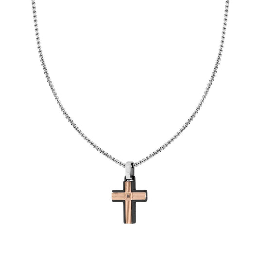 Halskette Venezianerkette, rund, mit schwarzem Kreuz und rosa Streifen mit schwarzem Kristall aus Edelstahl - MeinSchmuckShop