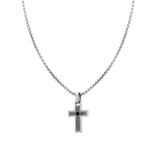 Runde venezianische Kette mit geripptem Kreuz und schwarzem Kristall aus Edelstahl - MeinSchmuckShop