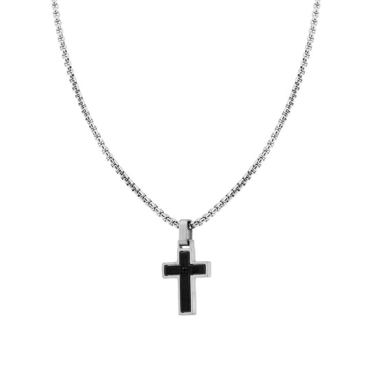 Kette Venezianische Rundkette mit gestreiftem schwarzen Kreuz und schwarzem Kristall aus Edelstahl - MeinSchmuckShop