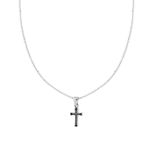 Halskette mit diamantierter Forzatina-Kette, Kreuz und schwarzen Kristallen aus Edelstahl. - MeinSchmuckShop