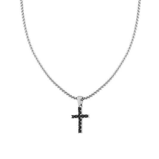 Runde venezianische Kette mit Kreuz und schwarzen Kristallen aus Edelstahl - MeinSchmuckShop