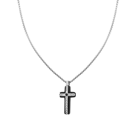 Halskette – Rund-Venezianerkette mit schwarzem Kreuz, geometrischem Muster und schwarzem Kristall aus Edelstahl. - MeinSchmuckShop