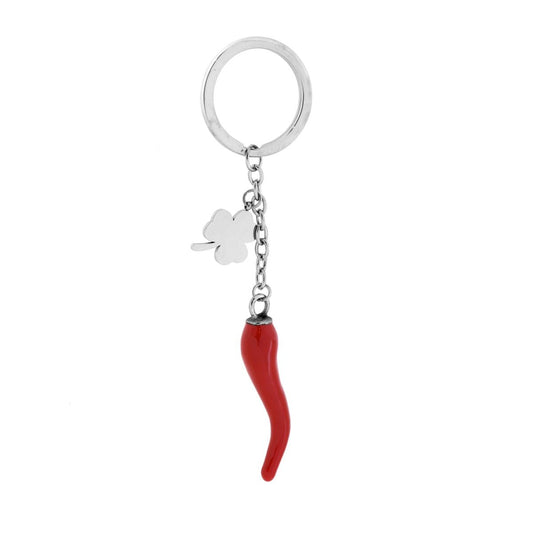 Schlüsselanhänger für Herren und Damen mit Ring, Glücksbringer-Motiven Vierblättriges Kleeblatt und roter emaillierter Horn aus Edelstahl. - MeinSchmuckShop
