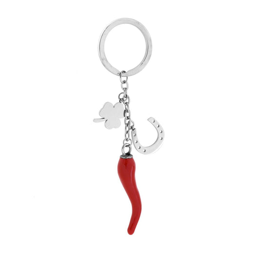 Schlüsselanhänger für Herren und Damen mit Ring, Motive Glücksbringer Hufeisen, Kleeblatt und Horn, roter Emaille, aus Edelstahl - MeinSchmuckShop
