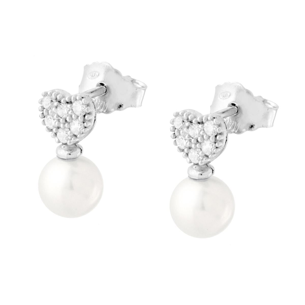 Ohrringe Herzform mit weißen Cubic-Zirconia und Perle aus 925er Silber, rhodiniert - MeinSchmuckShop