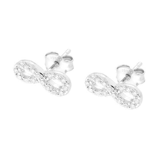 Infinity-Ohrringe mit weißen Cubic-Zirkonia aus 925er Silber, rhodiniert. - MeinSchmuckShop