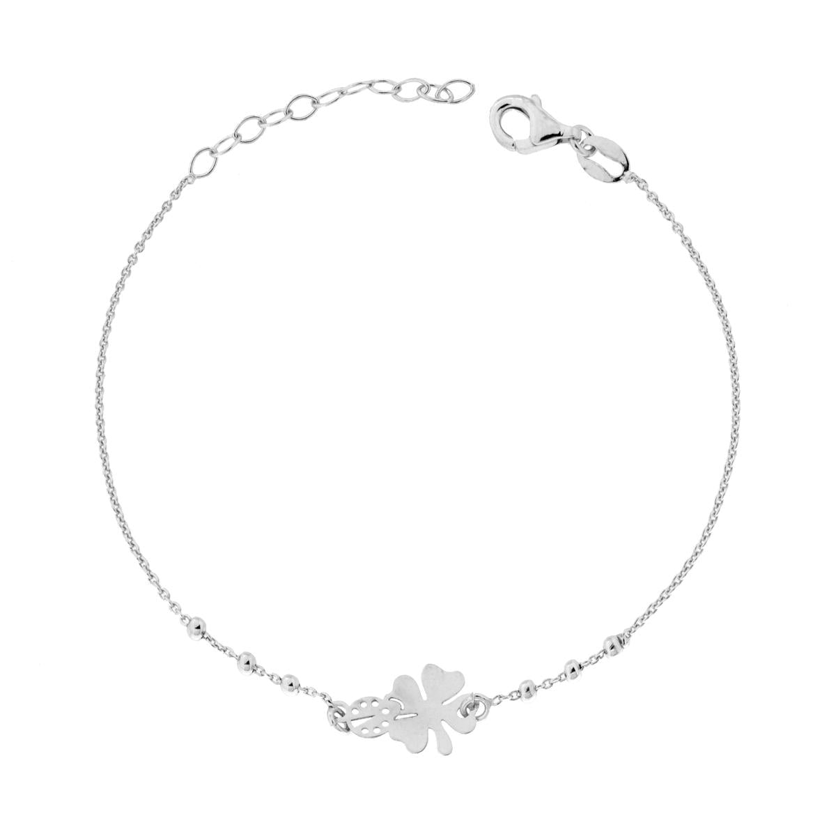 Armband mit diamantierter Forzatina, mit Vierblättrigem Kleeblatt und Marienkäfer aus 925er Silber, rhodiniert galvanisch - MeinSchmuckShop