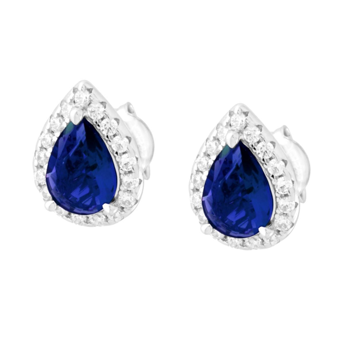 Ohrringe Blaues Saphir-Tropfen, umgeben von weißen Cubic-Zirkonien, aus 925er Silber rhodiniert - MeinSchmuckShop