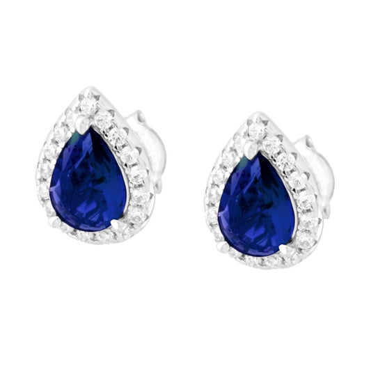 Ohrringe Blaues Saphir-Tropfen, umgeben von weißen Cubic-Zirkonien, aus 925er Silber rhodiniert - MeinSchmuckShop