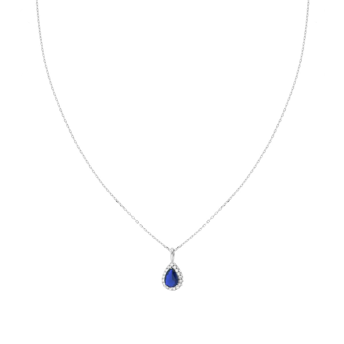 Halskette, feine Kette, diamantierte Tropfenform, blauer Zafirentropfen, umrundet von weißen Cubic Zirconia, aus 925er Silber, rhodiniert - MeinSchmuckShop