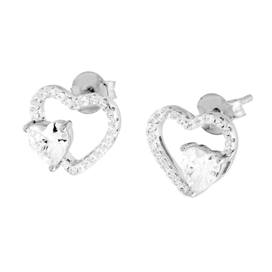Herzohrringe mit weißen Cubic-Zirkonien in 925er Silber rhodiniert - MeinSchmuckShop