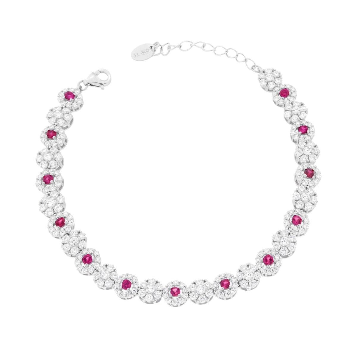 Tennisarmband mit Blüten, Cubic Zirconia in Rubinrot und Weiß, aus 925er Silber, galvanisch rhodiniert - MeinSchmuckShop
