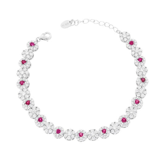 Tennisarmband mit Blüten, Cubic Zirconia in Rubinrot und Weiß, aus 925er Silber, galvanisch rhodiniert - MeinSchmuckShop