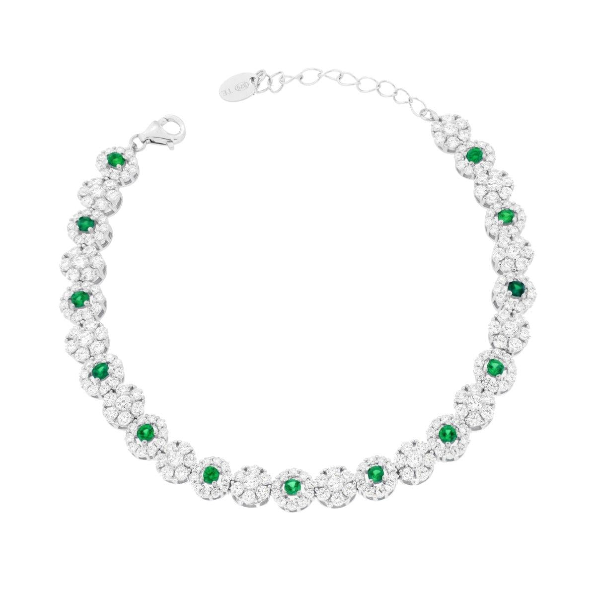 Tennisarmband mit Blumen, mit emeraldgrünen und weißen Cubic-Zirconia, aus 925er Silber rhodiniert - MeinSchmuckShop