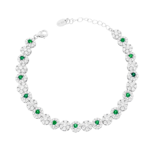 Tennisarmband mit Blumen, mit emeraldgrünen und weißen Cubic-Zirconia, aus 925er Silber rhodiniert - MeinSchmuckShop