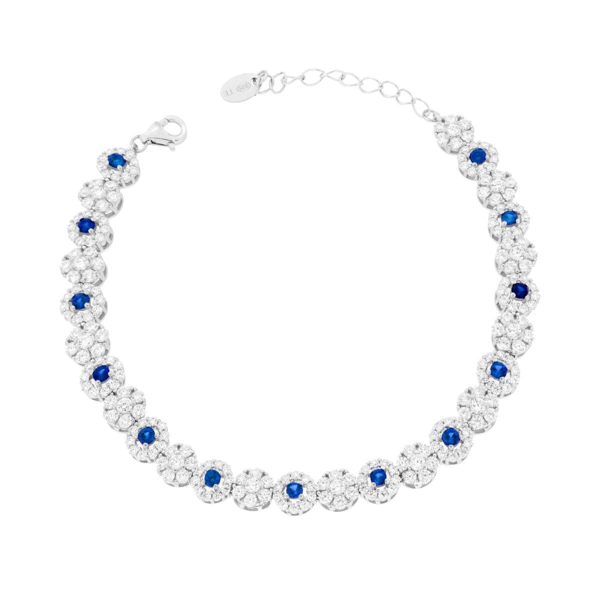 Tennisarmband mit Blumen, mit blauen Zirkonien in Saphirblau und weißen, aus 925er Silber, rhodiumbeschichtet - MeinSchmuckShop