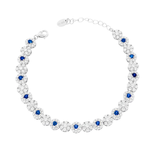 Tennisarmband mit Blumen, mit blauen Zirkonien in Saphirblau und weißen, aus 925er Silber, rhodiumbeschichtet - MeinSchmuckShop