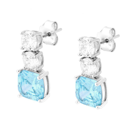 Ohrstecker Trilogy Aquamarin Quadrat Kissen-Schliff und Lichtpunkte Cubic Zirconia Weiß in 925er Silber, rhodiniert - MeinSchmuckShop