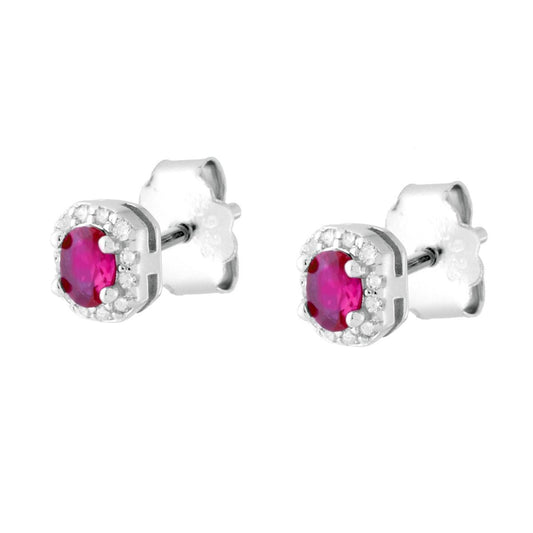 Ovalrubinrote Ohrringe, von weißen Cubic Zirconia eingefasst, aus 925er Silber, rhodiniert. - MeinSchmuckShop
