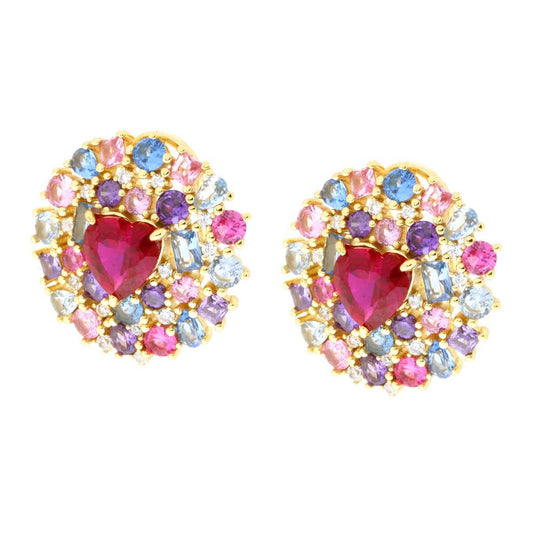 Ohrstecker Herz Rubinrot, von multicolor Cubic Zirconia umrahmt, in 925er Silber, Goldplattiert - MeinSchmuckShop