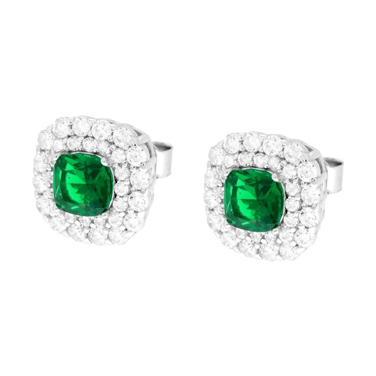 Ohrstecker in Kissenform Quadrat Emeraldgrün, umgeben von weißen Cubic Zirconia, aus 925er Silber rhodiniert - MeinSchmuckShop