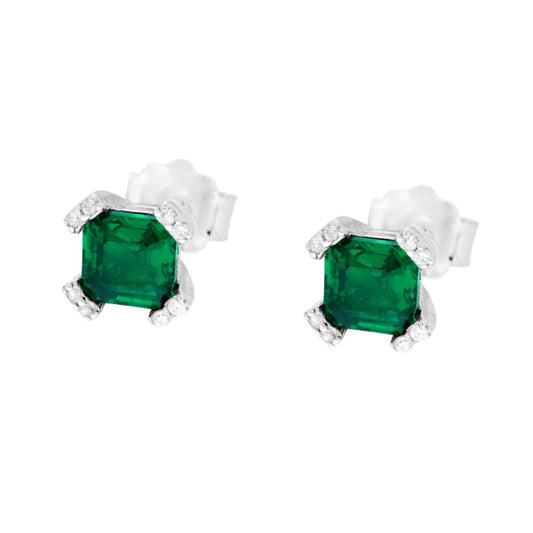 Ohrstecker im Smaragdgrünen Quadrat mit Krappenfassung, Cubic Zirconia Weiß, 925er Silber rhodiniert - MeinSchmuckShop