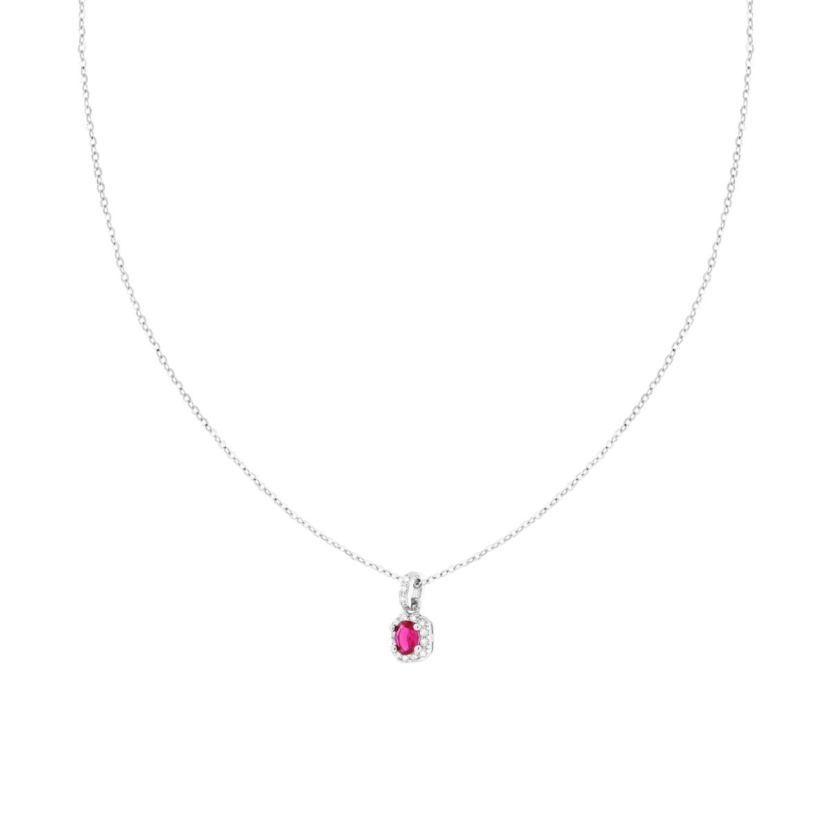 Kette mit feiner Gliederkette, diamantiert, mit ovalem roten Rubin, der von weißen Cubic Zirconia umgeben ist, aus 925er Silber, rhodiniert galvanisch. - MeinSchmuckShop