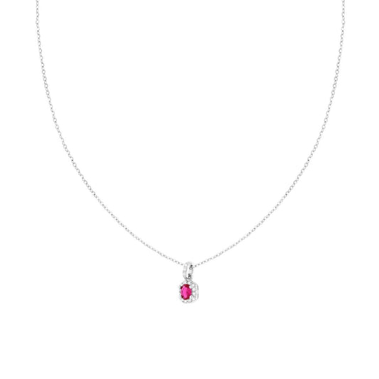 Kette mit feiner Gliederkette, diamantiert, mit ovalem roten Rubin, der von weißen Cubic Zirconia umgeben ist, aus 925er Silber, rhodiniert galvanisch. - MeinSchmuckShop