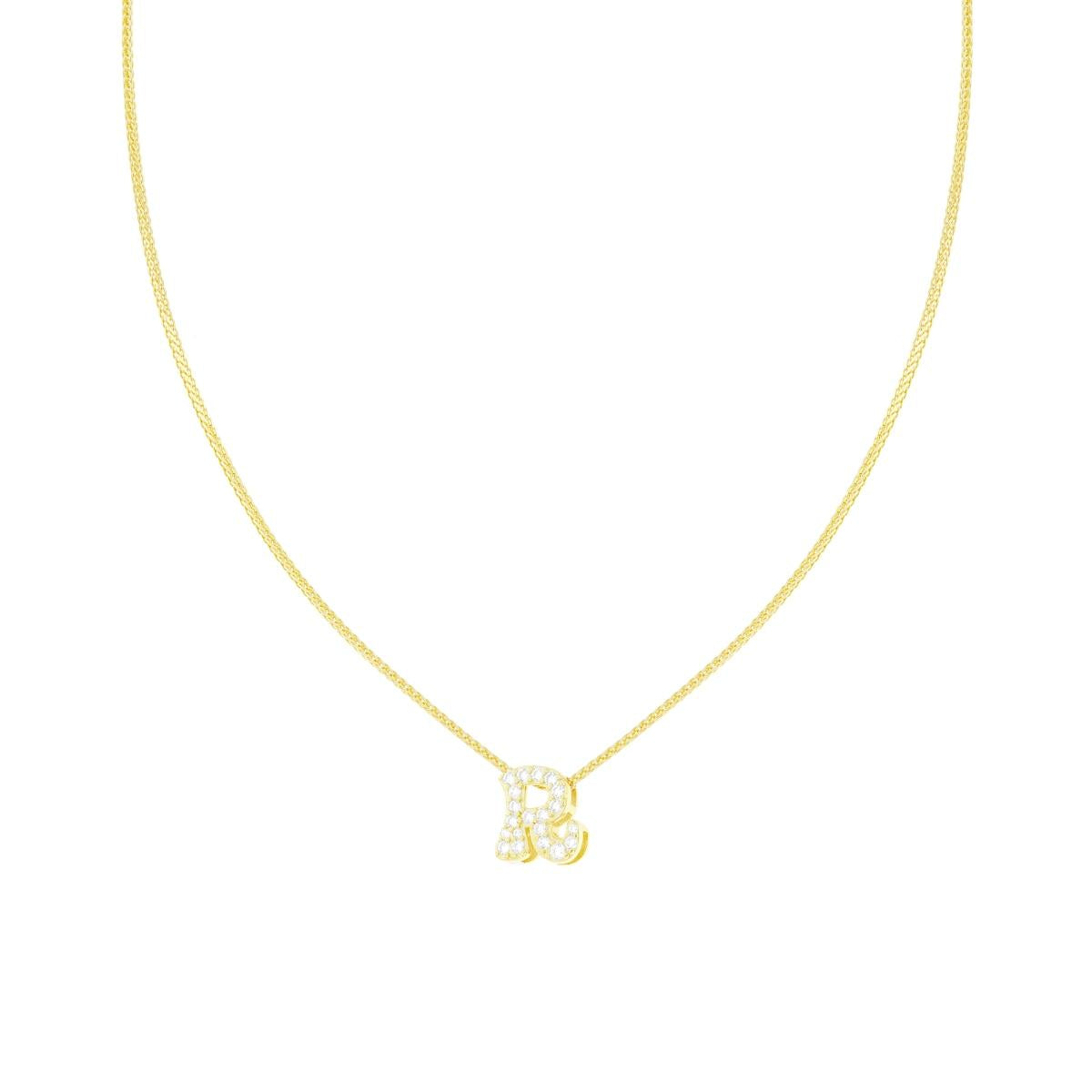 Diamantierte Spiga-Kette mit Initial R und weißen Cubic-Zirkonien, Silber 925, Goldbeschichtung - MeinSchmuckShop