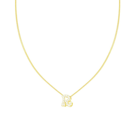Diamantierte Spiga-Kette mit Initial R und weißen Cubic-Zirkonien, Silber 925, Goldbeschichtung - MeinSchmuckShop