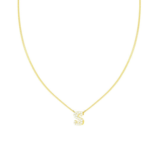 Halskette mit diamantierter Spiga-Kette, Initial S und weiße Cubic Zirkonia, Silber 925, galvanisch vergoldet - MeinSchmuckShop