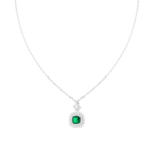 Halskette mit Forzatina-Diamantierung, quadratischem Smaragdgrünen Cushion-Schliff, umrahmt von weißen Cubic Zirconia, aus 925er Silber, rhodiniert - MeinSchmuckShop