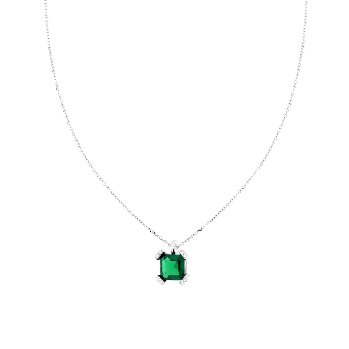 Kette mit diamantierter Gliederkette, smaragdgrünes Quadrat-Steinchen, Zargenfassung aus Cubic Zirconia weiß, in 925er Silber rhodiniert. - MeinSchmuckShop