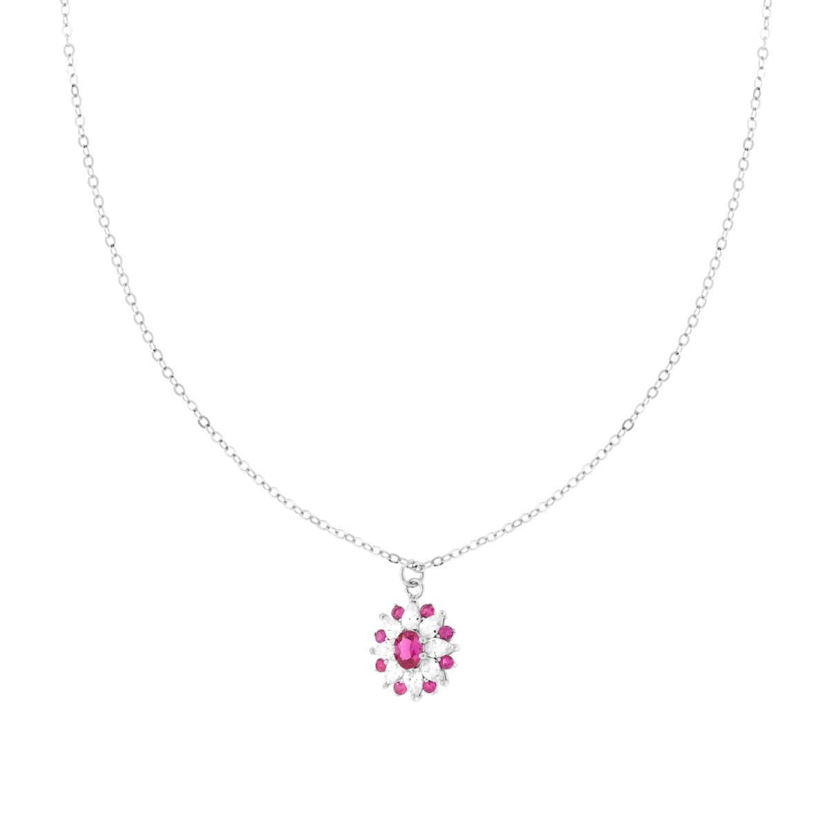 Kette mit feiner Kette, diamantiert, mit Blume, ovalem roten Rubin und weißen Cubic Zirconia, Marquise-Schliff, aus 925er Silber rhodiniert - MeinSchmuckShop