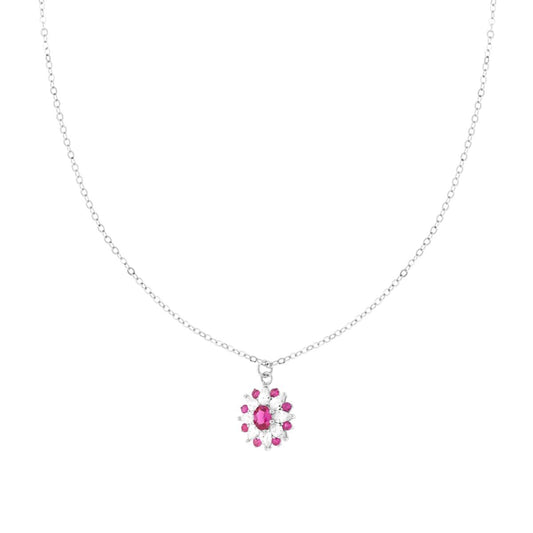 Kette mit feiner Kette, diamantiert, mit Blume, ovalem roten Rubin und weißen Cubic Zirconia, Marquise-Schliff, aus 925er Silber rhodiniert - MeinSchmuckShop