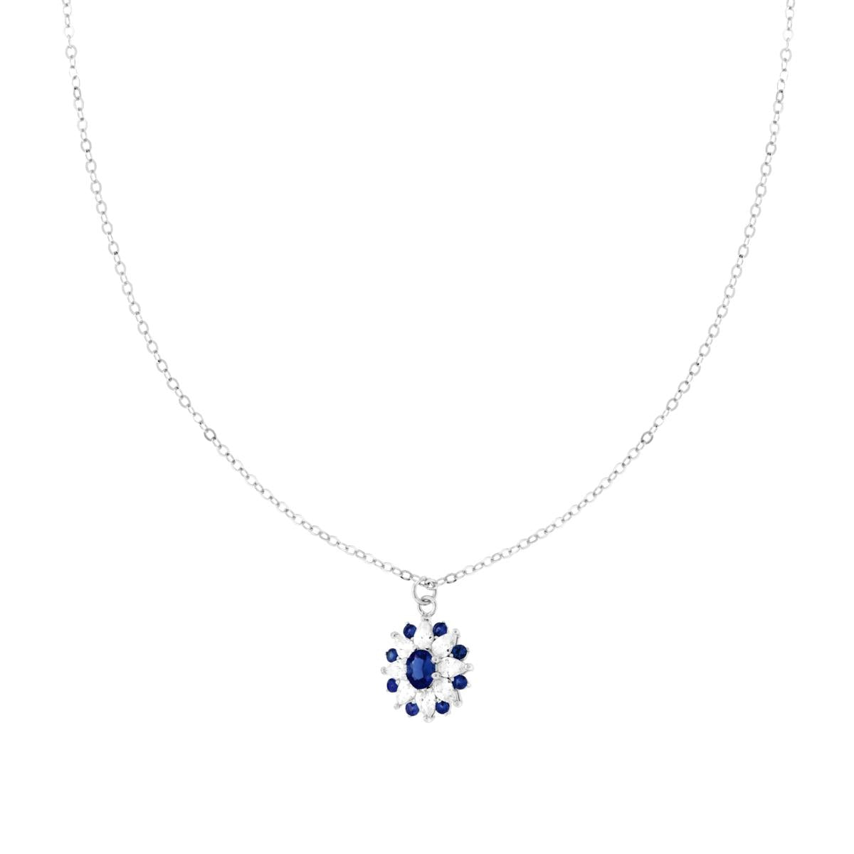 Halskette mit diamantierter Forzatina-Kette, mit einer blauen Saphir-Ovalblume und weißen Cubic Zirconia im Marquise-Schliff, aus 925er Silber rhodiniert - MeinSchmuckShop