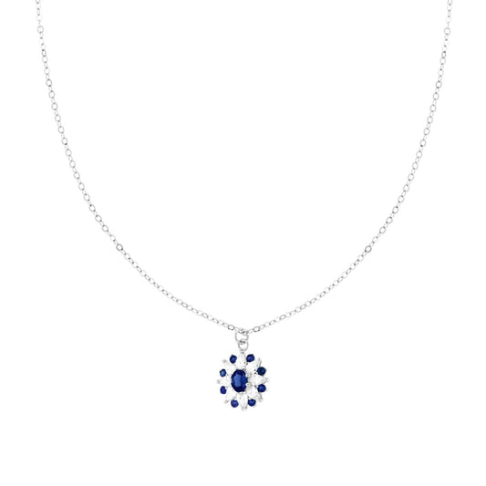 Halskette mit diamantierter Forzatina-Kette, mit einer blauen Saphir-Ovalblume und weißen Cubic Zirconia im Marquise-Schliff, aus 925er Silber rhodiniert - MeinSchmuckShop