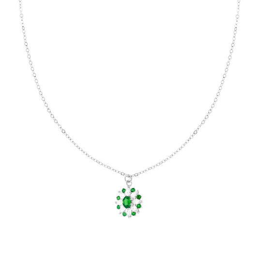 Halskette mit diamantierter Kette, oval-smaragdgrüne Blume und weiße Cubic Zirconia, Marquise-Schliff, aus 925er Silber rhodiniert - MeinSchmuckShop