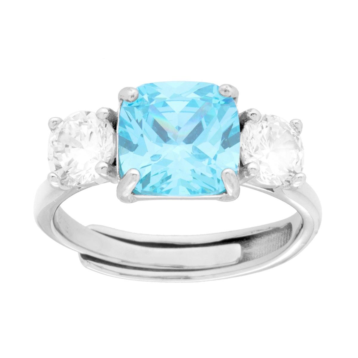 Anello Trilogy Aquamarin Quadrat-Cushion und weiße Cubic Zirconia in 925er Silber rhodiniert - MeinSchmuckShop