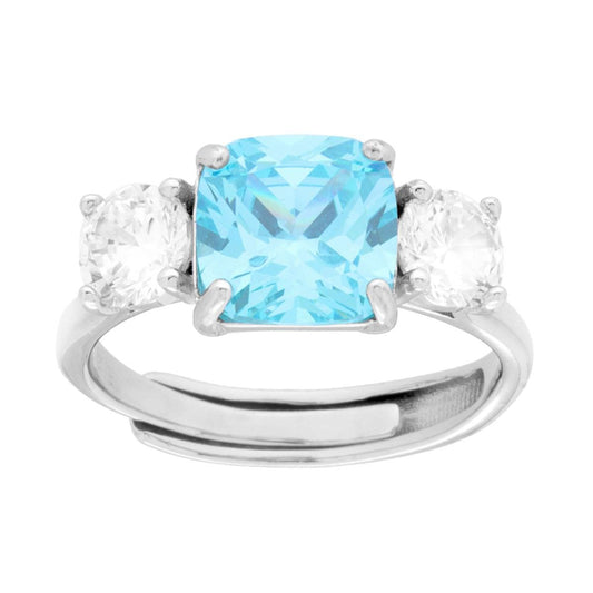 Anello Trilogy Aquamarin Quadrat-Cushion und weiße Cubic Zirconia in 925er Silber rhodiniert - MeinSchmuckShop