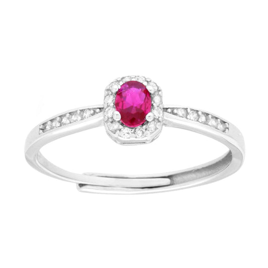 Ovaler Solitärring Rubinrot, umgeben von weißen Cubic Zirconia, aus 925er Silber rhodiniert - MeinSchmuckShop