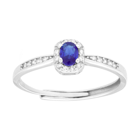 Solitärring ovaler blauer Saphir, umgeben von weißen Cubic Zirconia, rhodiniertes 925er Silber - MeinSchmuckShop