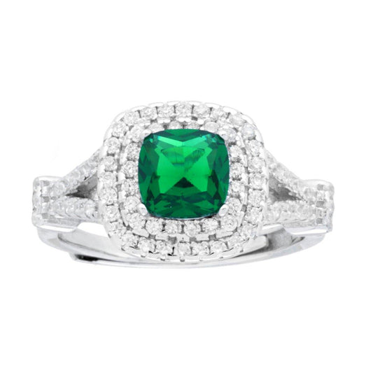 Solitärring Grüner Smaragd mit Kissenform-Schliff, von weißen Cubic Zirconia umrahmt, aus 925er Silber rhodiniert. - MeinSchmuckShop