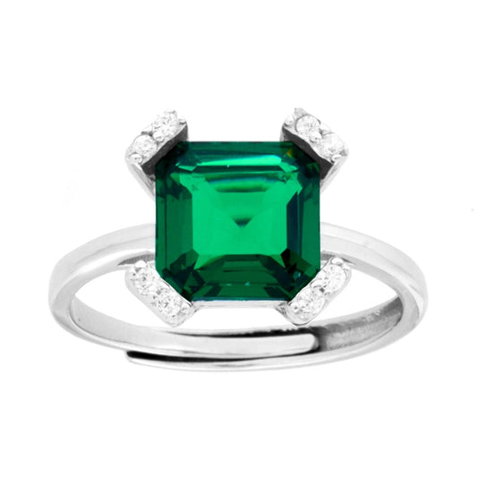 Solitärring Emeraldgrün mit Krappenfassung, weiße Cubic-Zirconia, aus 925er Silber, rhodiniert - MeinSchmuckShop