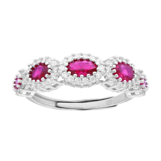 Veretta-Ring mit ovalen rubinroten Steinen im Verlauf, umgeben von weißen Cubic Zirconia, aus 925er Silber rhodiniert. - MeinSchmuckShop