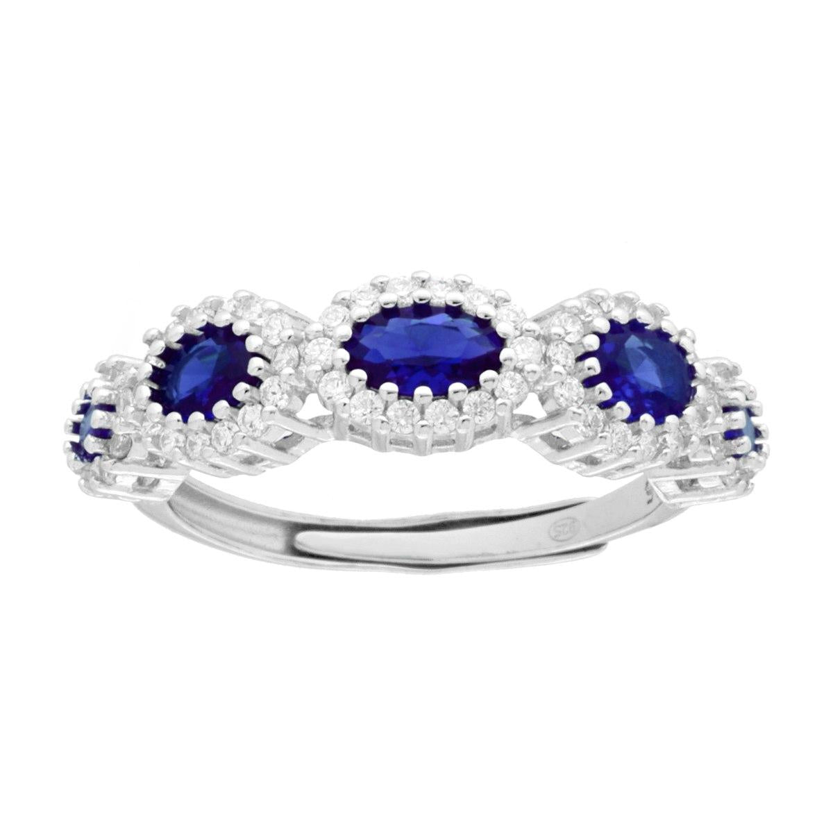 Ring mit ovalem blauen Saphir-Verlauf, von weißen Cubic Zirconia umrandet, aus 925er Silber rhodiniert. - MeinSchmuckShop