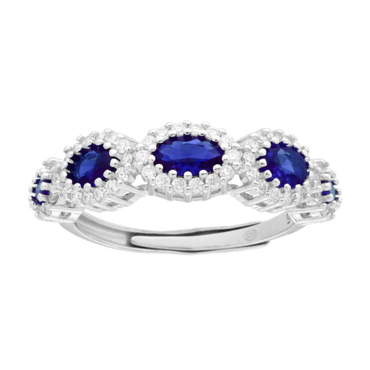 Ring mit ovalem blauen Saphir-Verlauf, von weißen Cubic Zirconia umrandet, aus 925er Silber rhodiniert. - MeinSchmuckShop