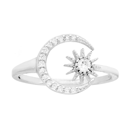 Ring mit Sonne und Mond, mit weißen Cubic-Zirconia, Silber 925 galvanisch rhodiniert - MeinSchmuckShop