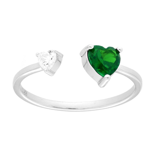 Ring Bilogy Grünes Smaragdherz und Weißes Cubic-Zirconia-Herz in Silber 925, Rhodium galvanisiert - MeinSchmuckShop