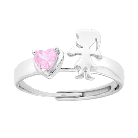 Familienring mit Tochter, Mädchen und rosa Herz aus Cubic Zirconia in 925er Silber rhodiniert. - MeinSchmuckShop